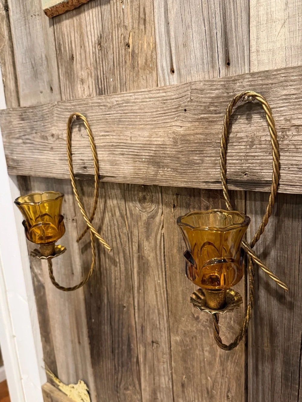 Pair of Vintage BOHO Farmhouse Tulip Amber Glass Wall Sconces